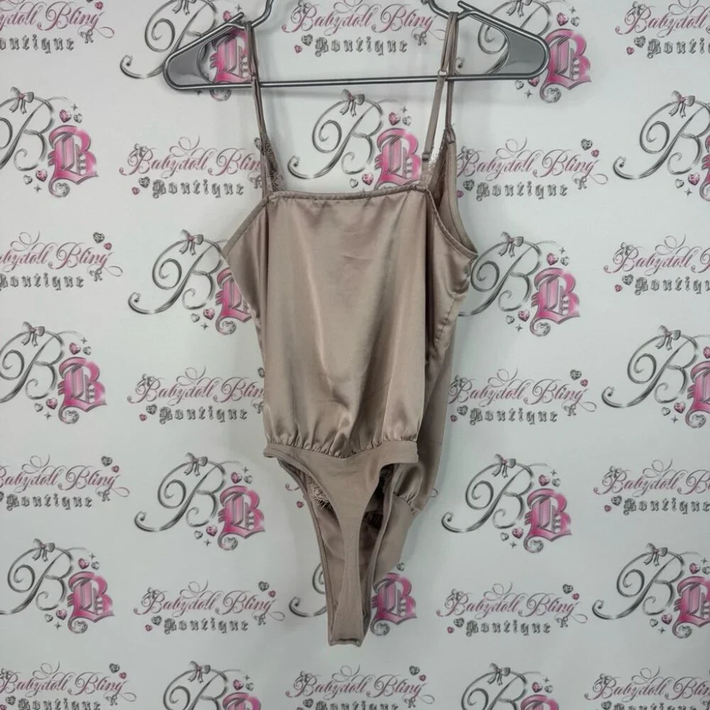 Abercrombie & Fitch bodysuit one piece Lacie Lace Trimmed Slip in Soft Beige